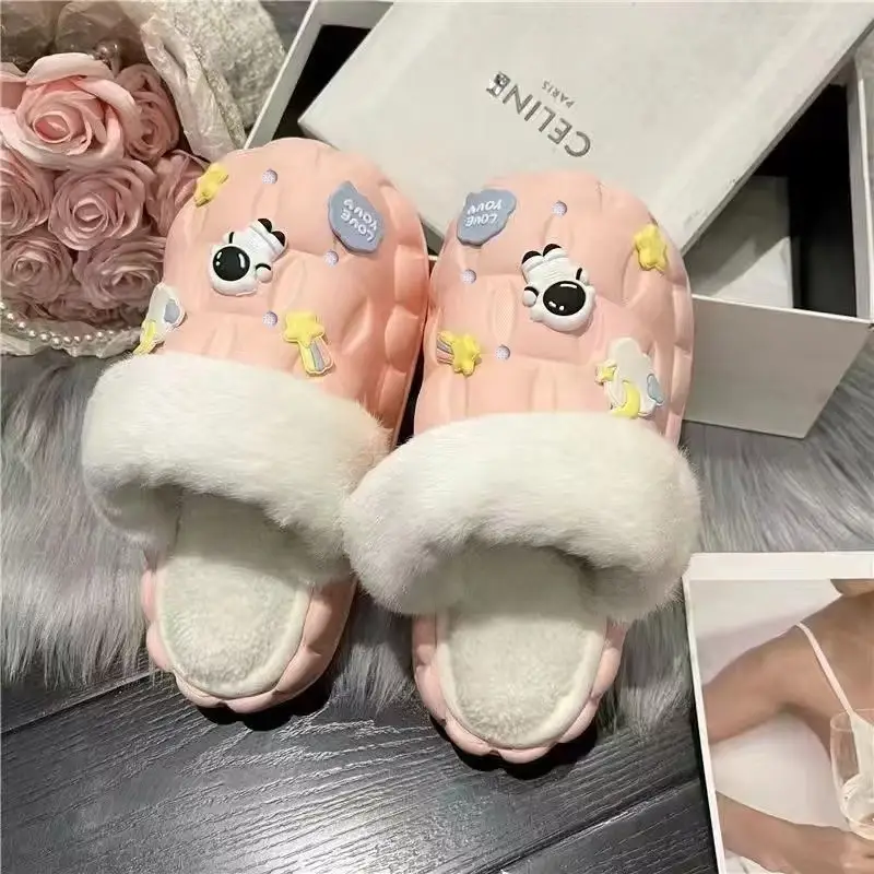 Waterproof Cotton Slippers for Women's Outer Wear in Winter, Non-Slip Removable Fur Shoes, Home Indoor Warm Fleece-Lined Slippers 2025