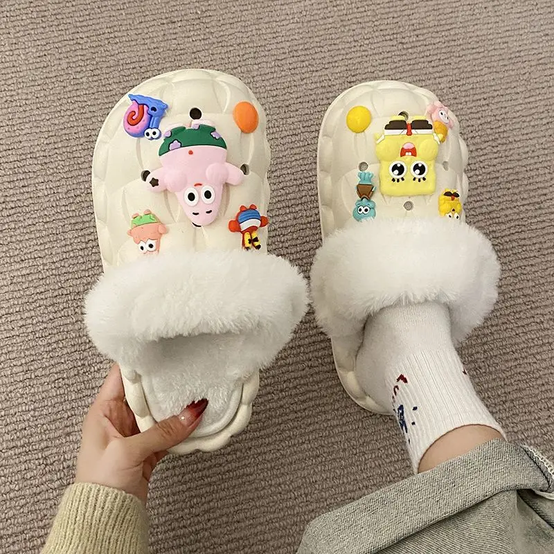 Waterproof Cotton Slippers for Women's Outer Wear in Winter, Non-Slip Removable Fur Shoes, Home Indoor Warm Fleece-Lined Slippers 2025
