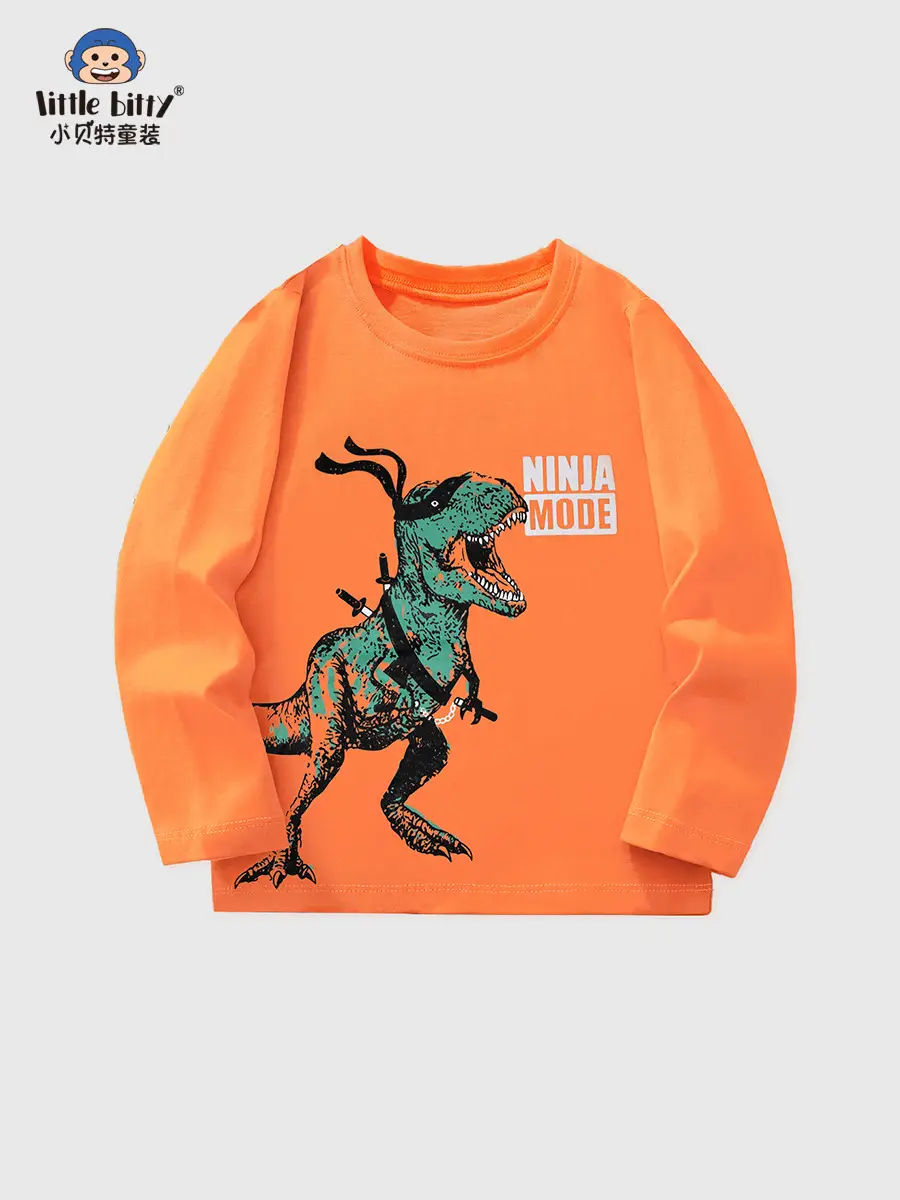 Orange Kids T-Shirt Cartoon Dinosaur Knit Round Neck - Image 3