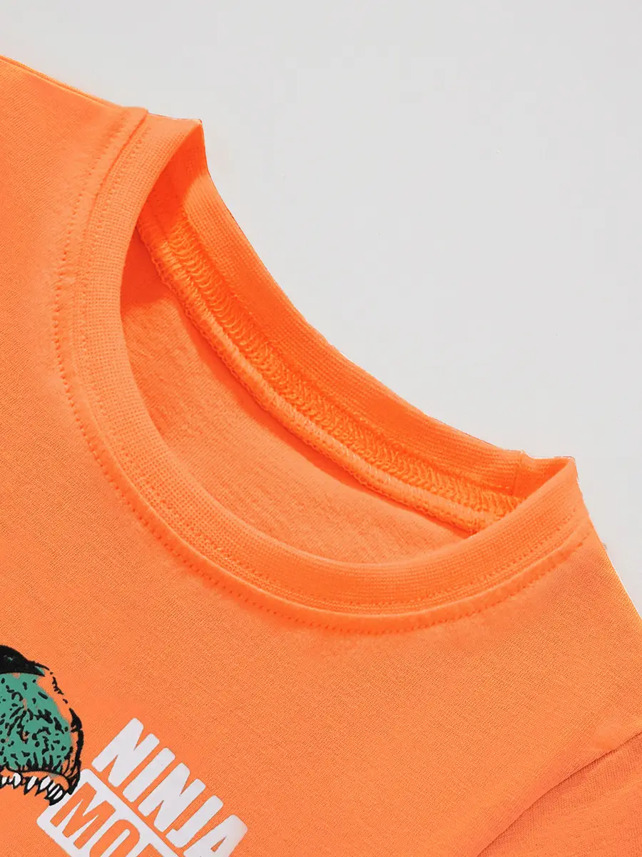 Orange Kids T-Shirt Cartoon Dinosaur Knit Round Neck - Image 4