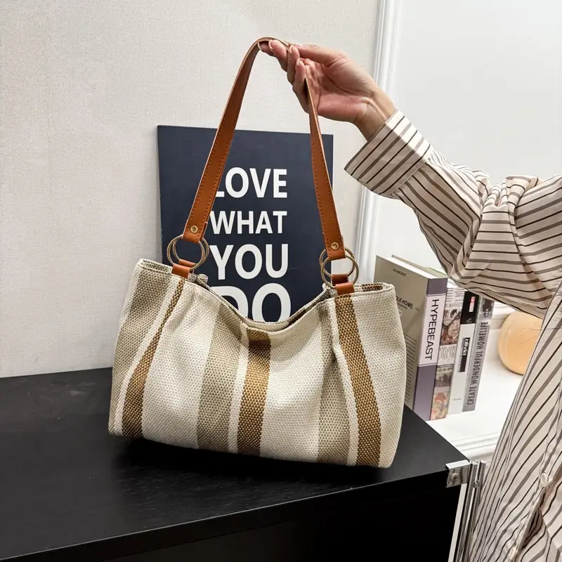 Large Capacity Striped Canvas Tote Bag for Women - Image 5