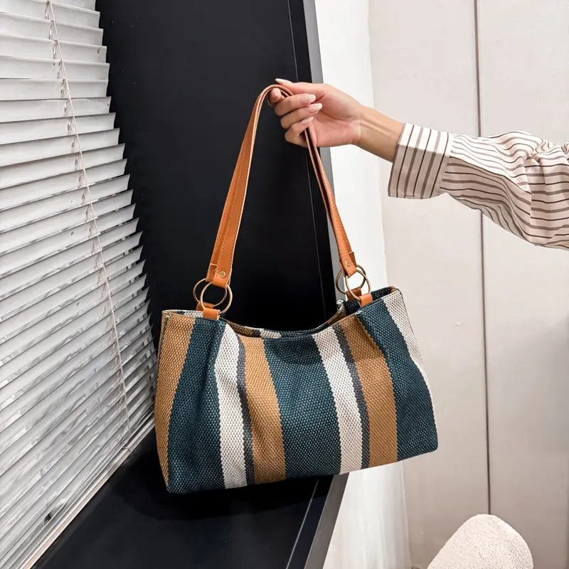 Large Capacity Striped Canvas Tote Bag for Women - Image 6