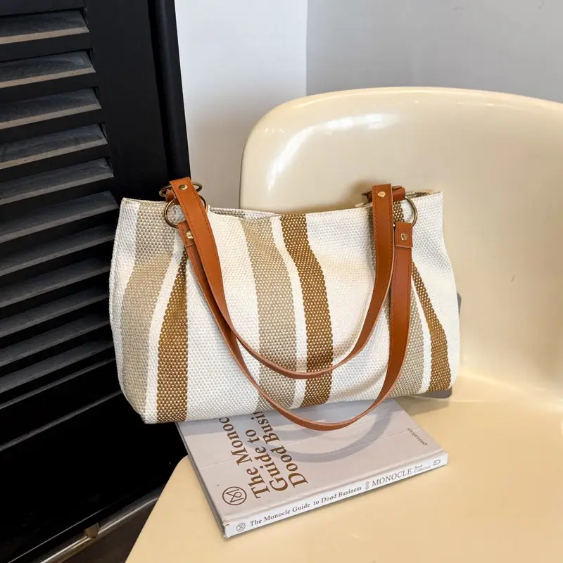 Large Capacity Striped Canvas Tote Bag for Women - Image 7