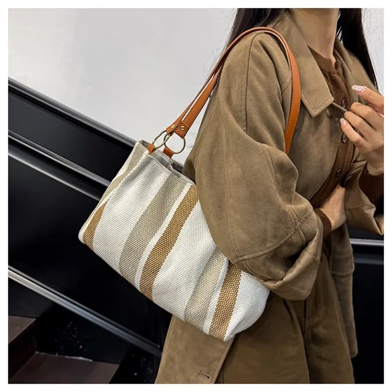 Large Capacity Striped Canvas Tote Bag for Women — feature 12