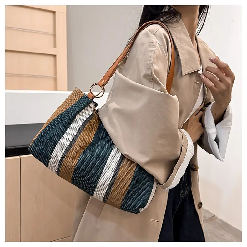 Large Capacity Striped Canvas Tote Bag for Women — feature 14