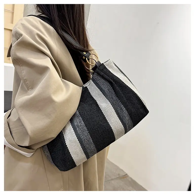 Large Capacity Striped Canvas Tote Bag for Women — feature 15