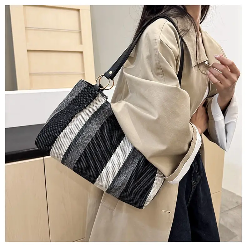 Large Capacity Striped Canvas Tote Bag for Women — feature 16