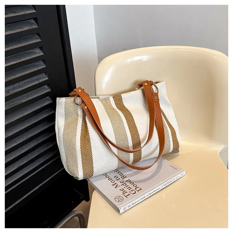 Large Capacity Striped Canvas Tote Bag for Women — feature 18
