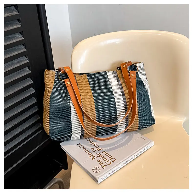 Large Capacity Striped Canvas Tote Bag for Women — feature 19