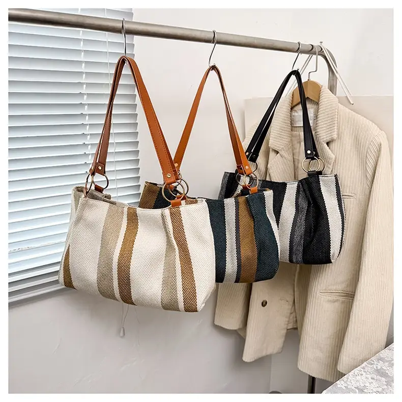 Large Capacity Striped Canvas Tote Bag for Women — feature 20