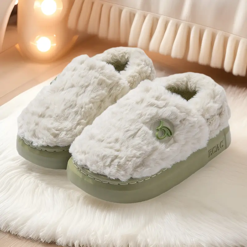 New Winter Bag-Heeled Cotton Slippers for Female Couples to Wear Outside and at Home, Fleece-Lined Warm Thick-Soled Non-Slip Furry Cotton Shoes for Men