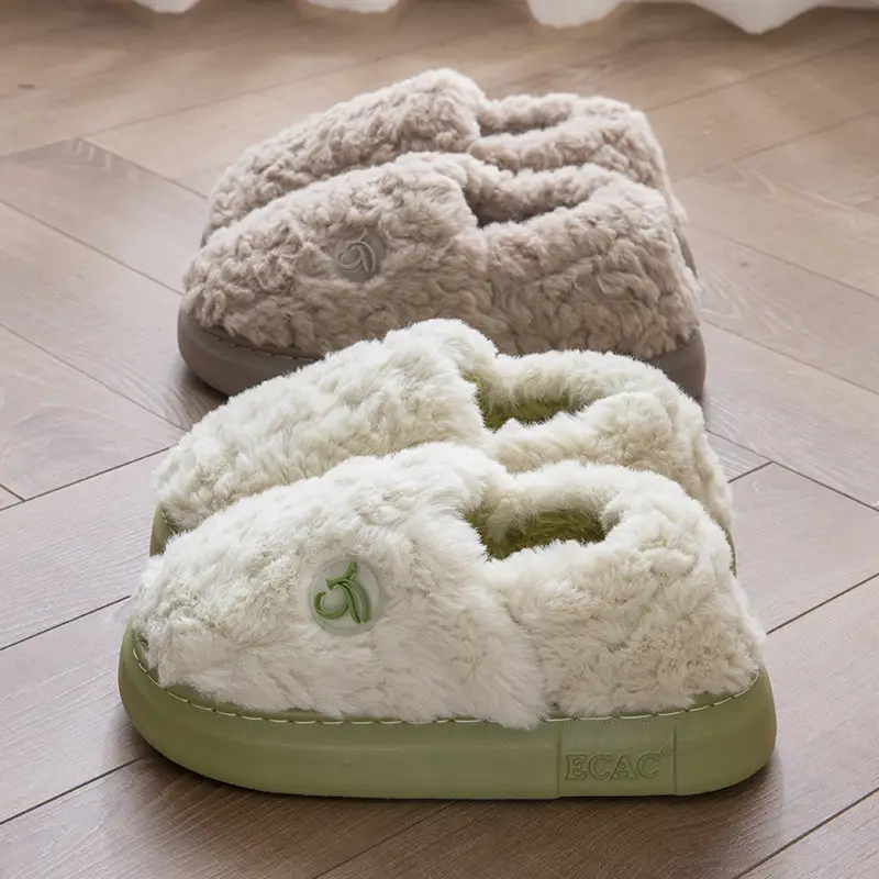 New Winter Bag-Heeled Cotton Slippers for Female Couples to Wear Outside and at Home, Fleece-Lined Warm Thick-Soled Non-Slip Furry Cotton Shoes for Men