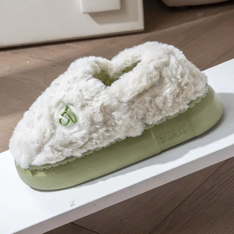 New Winter Bag-Heeled Cotton Slippers for Female Couples to Wear Outside and at Home, Fleece-Lined Warm Thick-Soled Non-Slip Furry Cotton Shoes for Men
