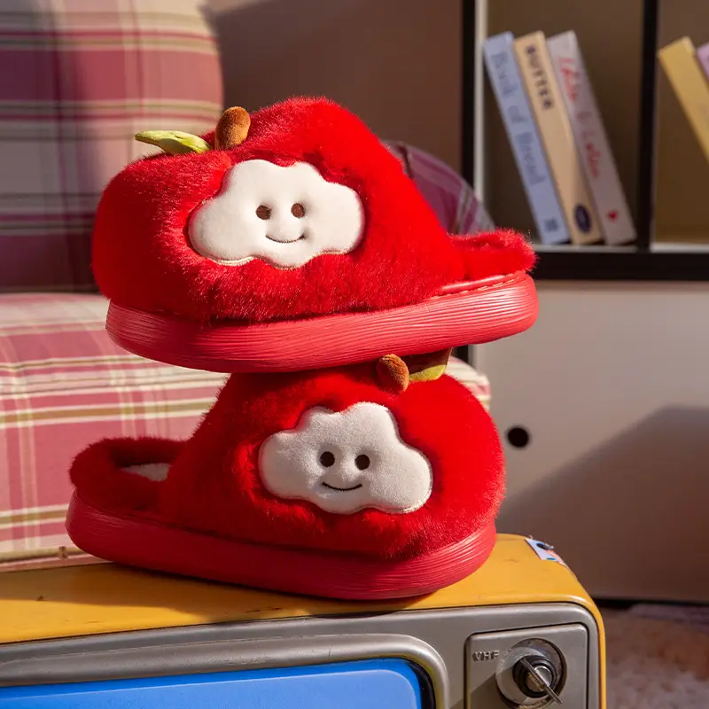 Cute Apple Cotton Slippers for Women Autumn and Winter 2025 New Indoor Home Plus Plush Anti-Slip Postpartum Slippers - Image 6