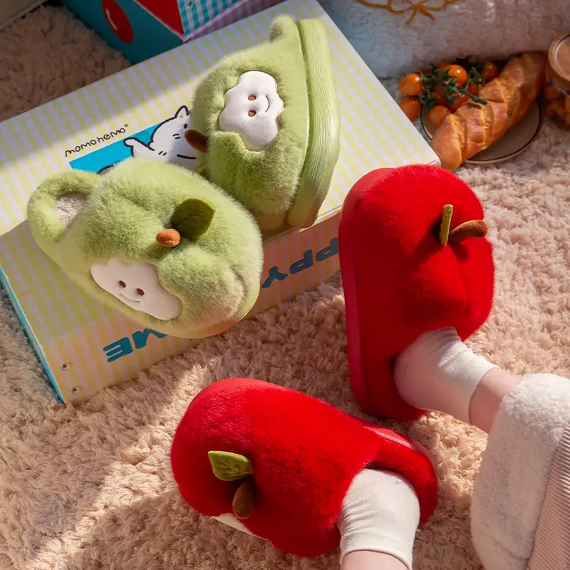 Cute Apple Cotton Slippers for Women Autumn and Winter 2025 New Indoor Home Plus Plush Anti-Slip Postpartum Slippers - Image 7