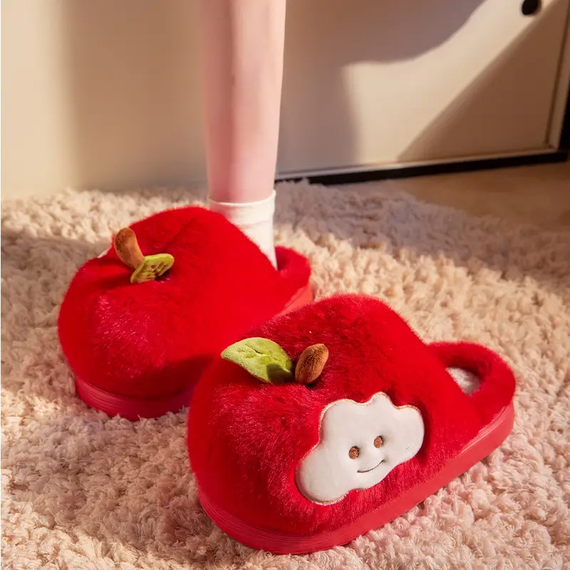 Cute Apple Cotton Slippers for Women Autumn and Winter 2025 New Indoor Home Plus Plush Anti-Slip Postpartum Slippers - Image 2