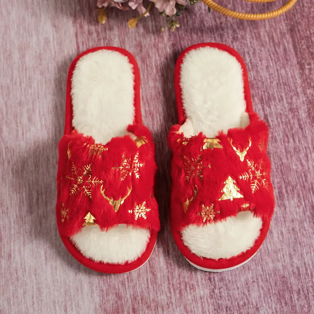Cross-Border Ready-Made Christmas Plush Open-Ended Cotton Slippers Indoor Home Plush Slippers Manufacturer Wholesale Small Order Customization — feature 2