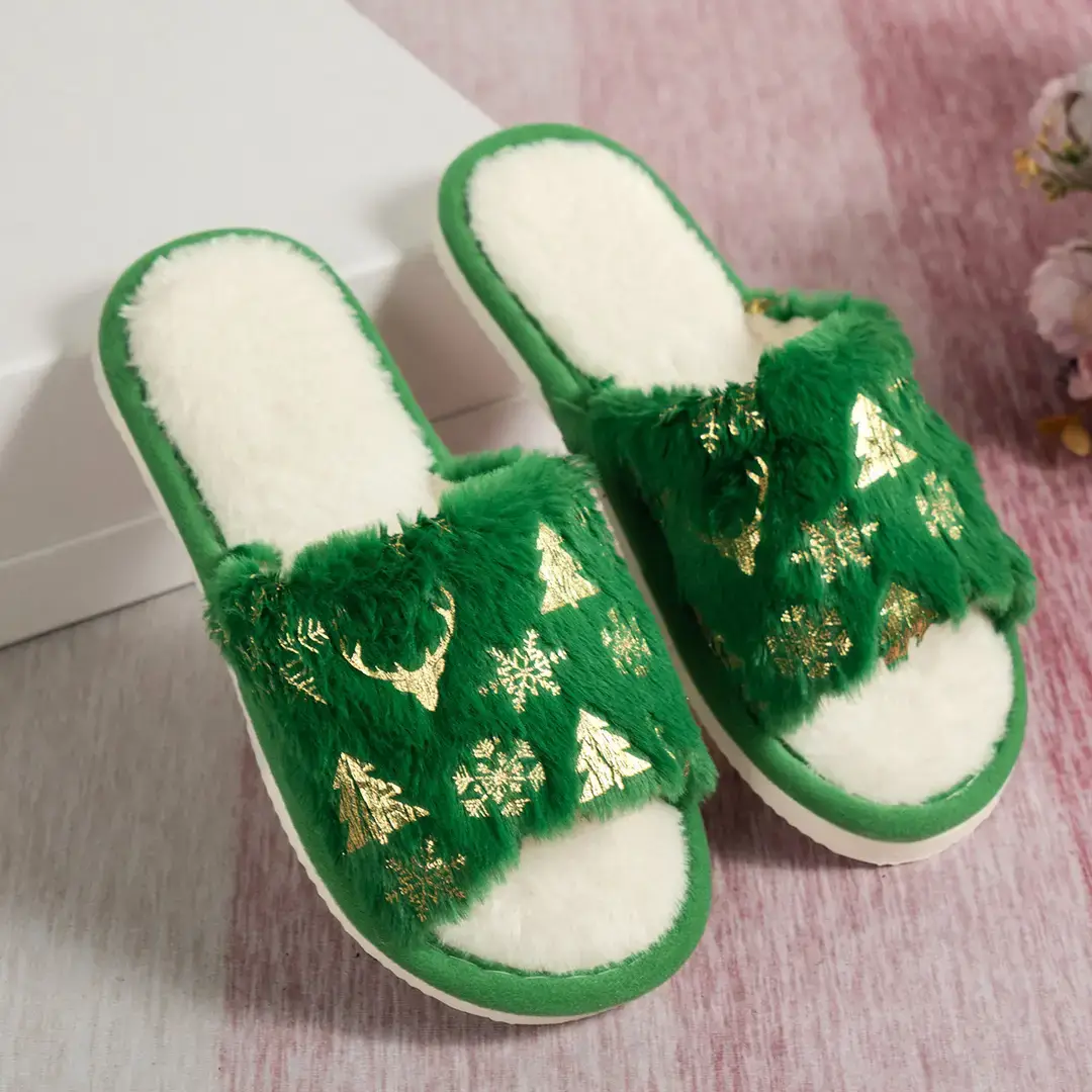 Cross-Border Ready-Made Christmas Plush Open-Ended Cotton Slippers Indoor Home Plush Slippers Manufacturer Wholesale Small Order Customization