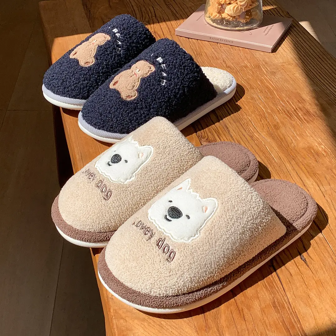 Cute Bear Cotton Slippers for Women, Home Wear, Autumn and Winter 2026 New Model, Maternity Slippers, Non-Slip Plush Cotton Slippers for Women