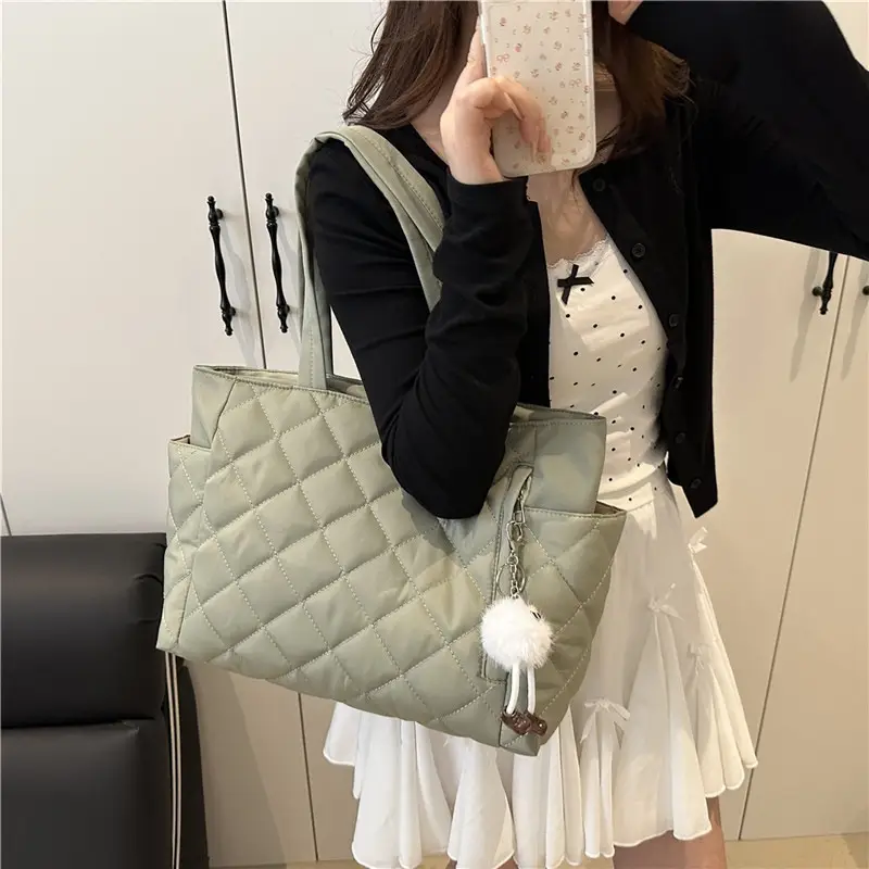 Women Quilted Satchel Tote Bag Olive Green Large Capacity