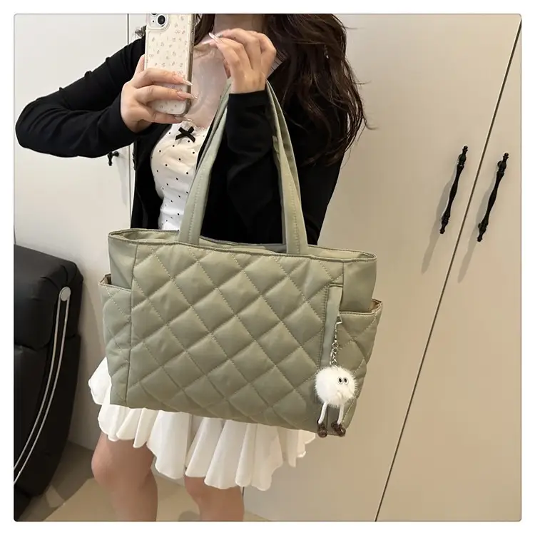 Women Quilted Satchel Tote Bag Olive Green Large Capacity — feature 16