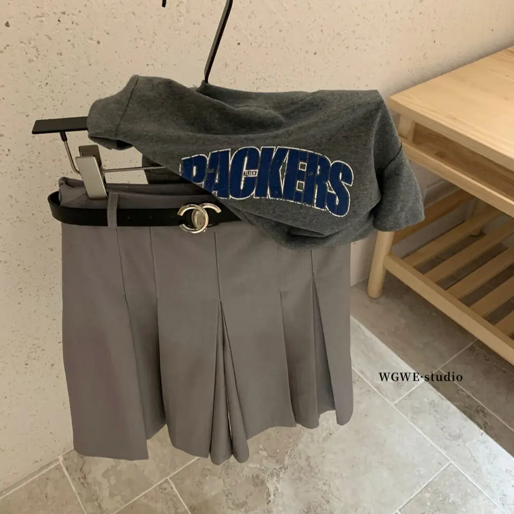 Korean Style Pleated Skirt Pants Grey Belted