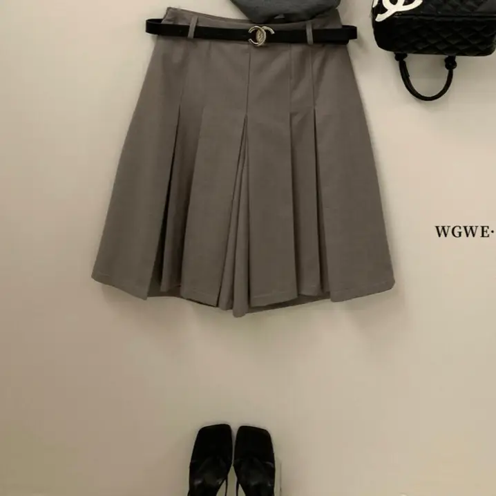 Korean Style Pleated Skirt Pants Grey Belted