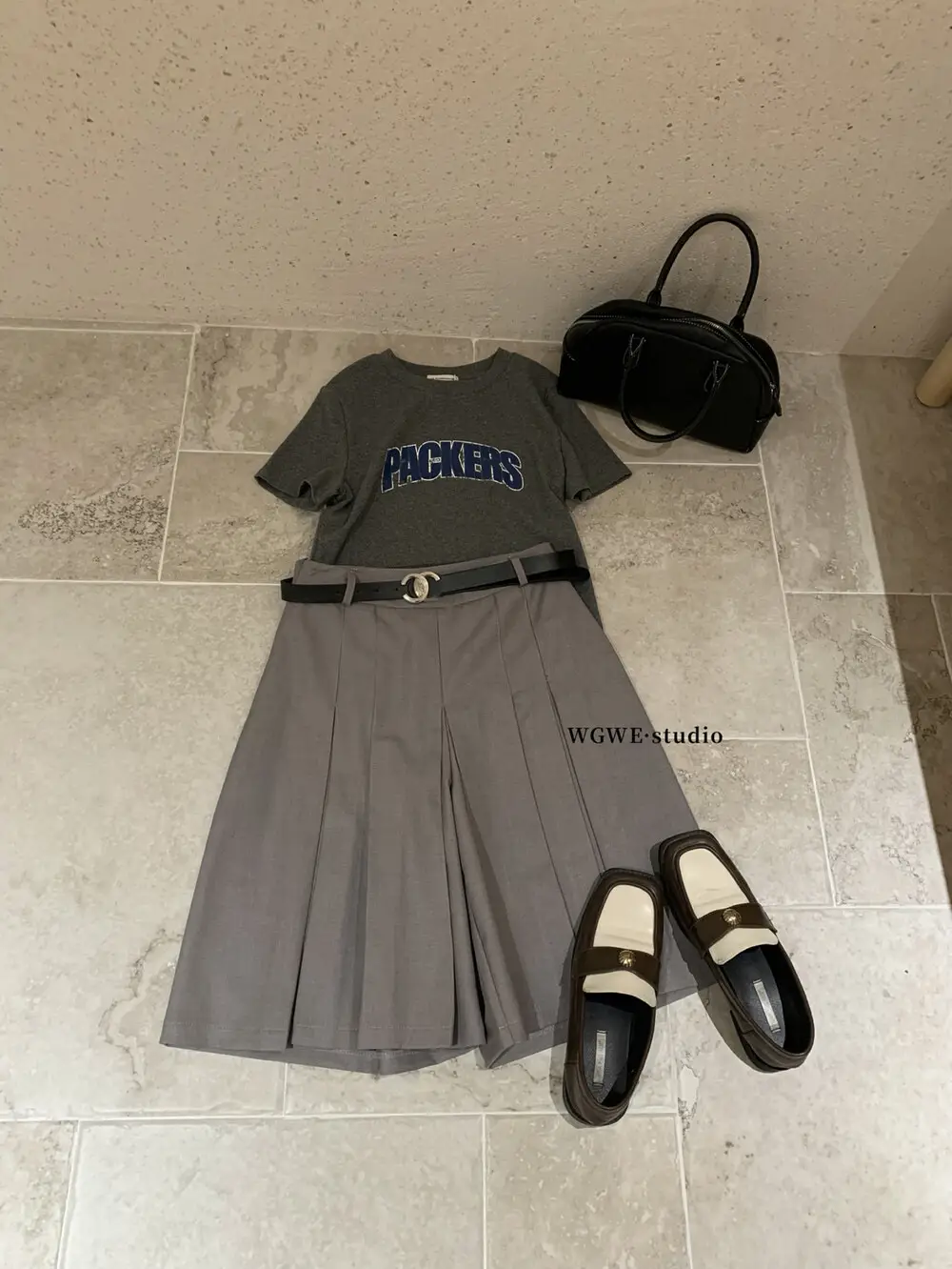 Korean Style Pleated Skirt Pants Grey Belted — feature 7