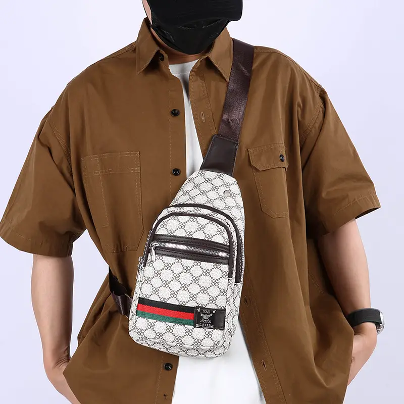 Men's Printed Chest Bag with Red Stripe PU Leather - Image 6