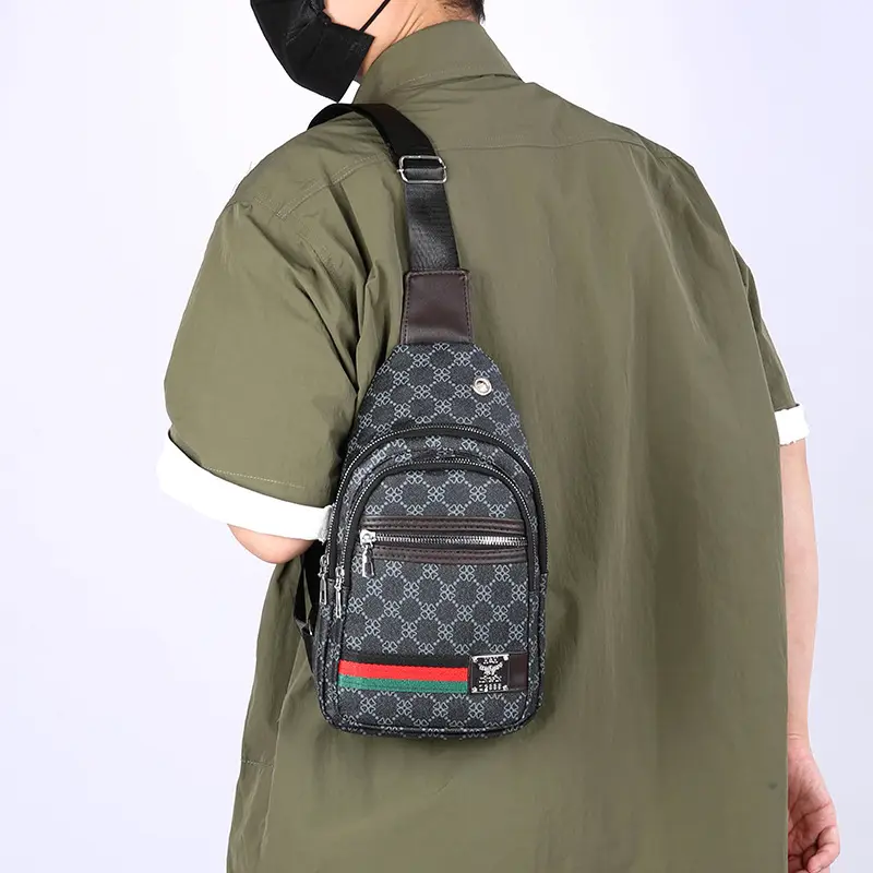 Men's Printed Chest Bag with Red Stripe PU Leather - Image 7