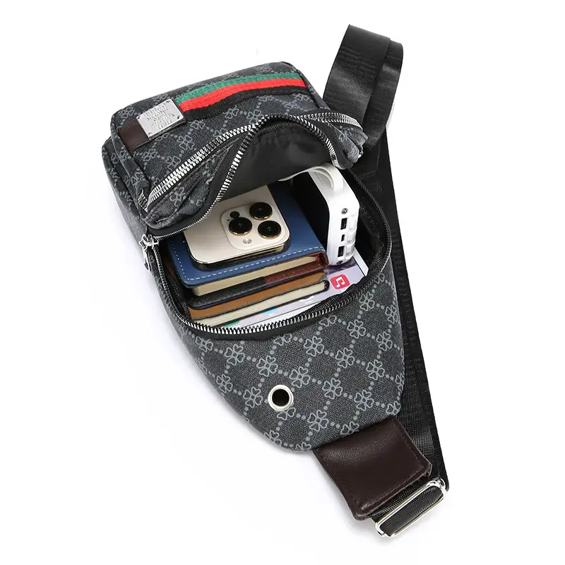 Men's Printed Chest Bag with Red Stripe PU Leather - Image 8