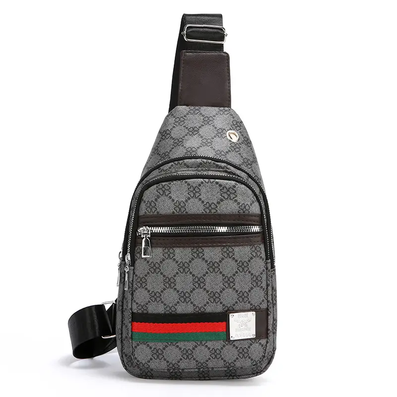 Men's Printed Chest Bag with Red Stripe PU Leather - Image 9