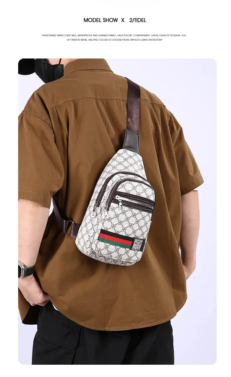 Men's Printed Chest Bag with Red Stripe PU Leather — feature 2