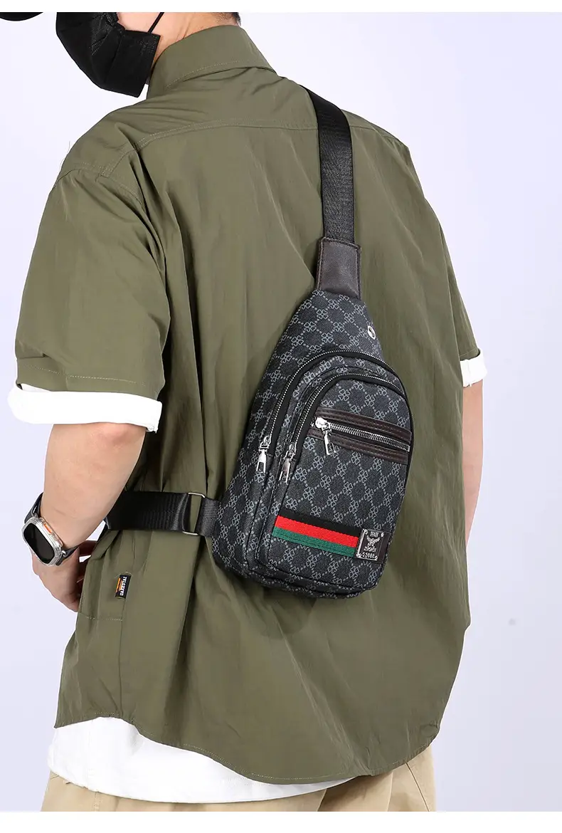 Men's Printed Chest Bag with Red Stripe PU Leather — feature 27