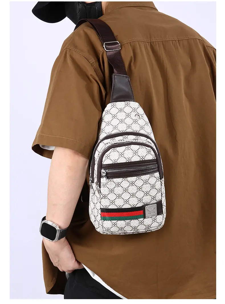 Men's Printed Chest Bag with Red Stripe PU Leather — feature 28