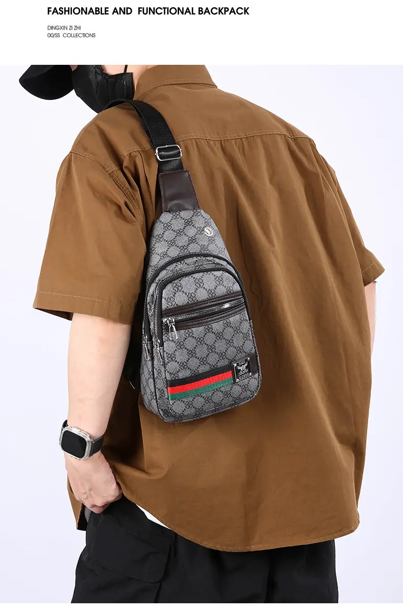 Men's Printed Chest Bag with Red Stripe PU Leather — feature 3