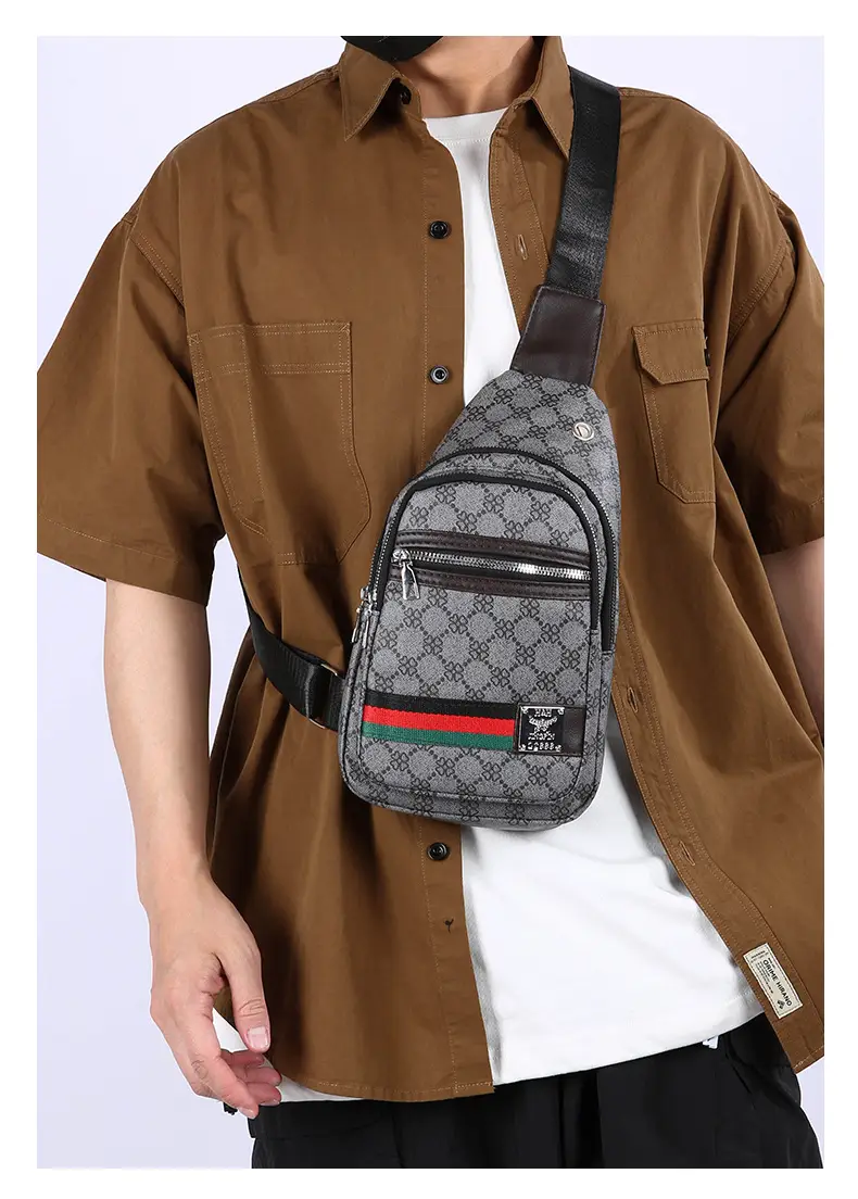 Men's Printed Chest Bag with Red Stripe PU Leather — feature 30
