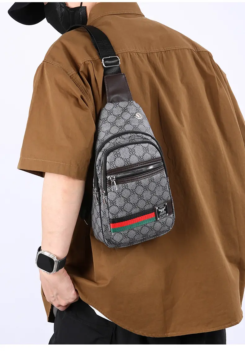 Men's Printed Chest Bag with Red Stripe PU Leather — feature 31