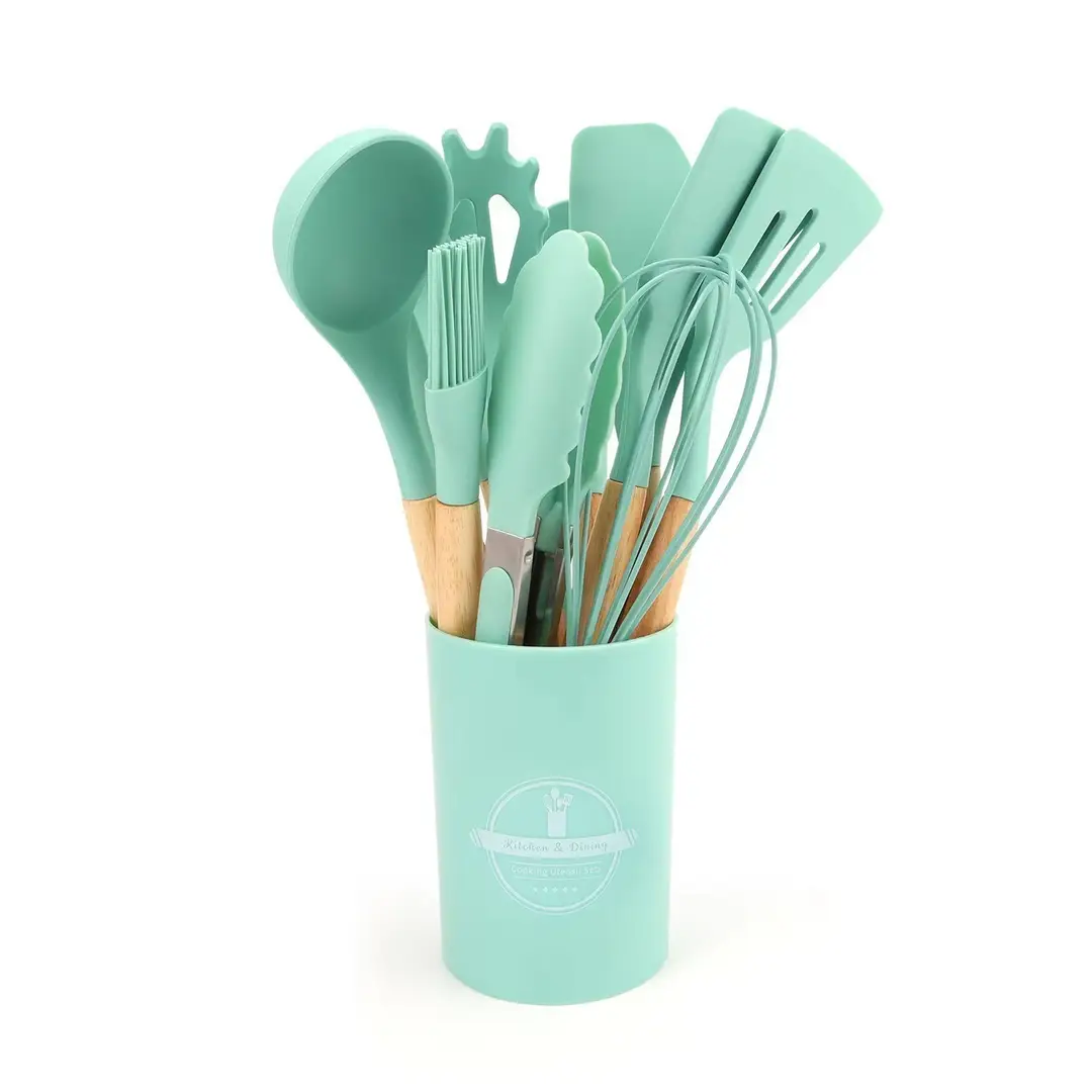 Cross-Border Silicone Kitchenware 12-Piece Kitchen Non-Stick Cooking Spatula Scraper Wooden Handle Barrel Kitchen Tool Set