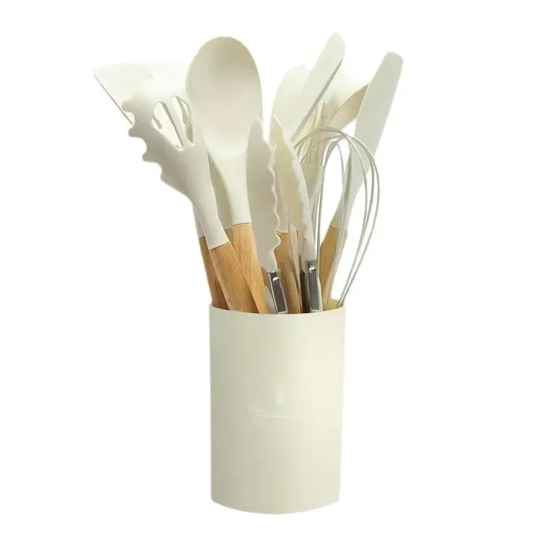 Cross-Border Silicone Kitchenware 12-Piece Kitchen Non-Stick Cooking Spatula Scraper Wooden Handle Barrel Kitchen Tool Set