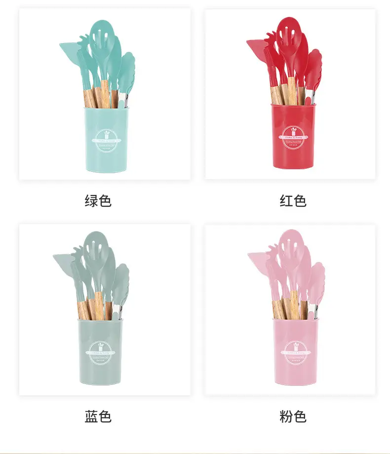 Cross-Border Silicone Kitchenware 12-Piece Kitchen Non-Stick Cooking Spatula Scraper Wooden Handle Barrel Kitchen Tool Set — feature 12