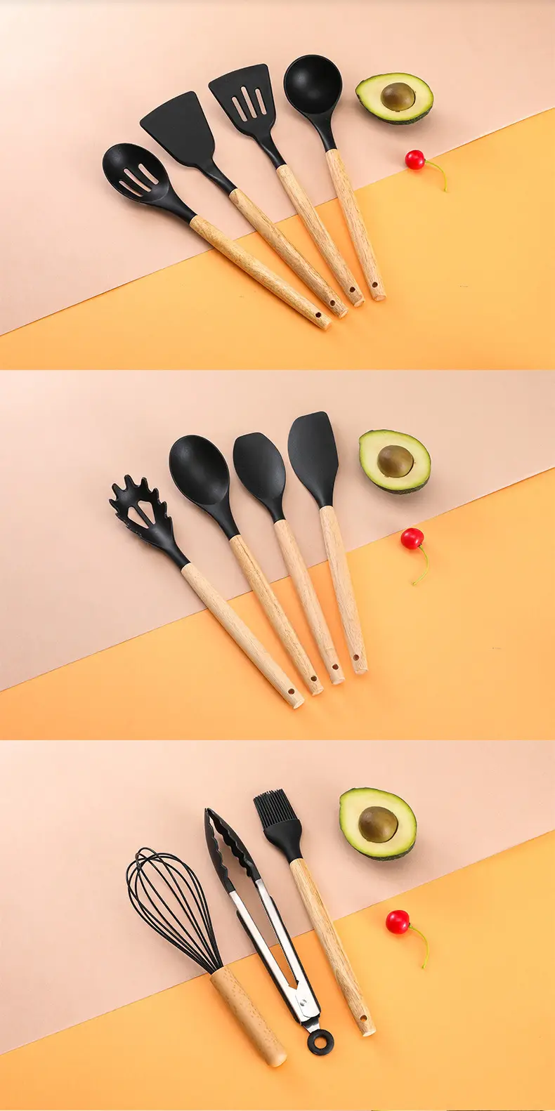 Cross-Border Silicone Kitchenware 12-Piece Kitchen Non-Stick Cooking Spatula Scraper Wooden Handle Barrel Kitchen Tool Set — feature 14