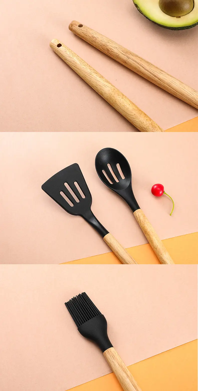 Cross-Border Silicone Kitchenware 12-Piece Kitchen Non-Stick Cooking Spatula Scraper Wooden Handle Barrel Kitchen Tool Set — feature 15
