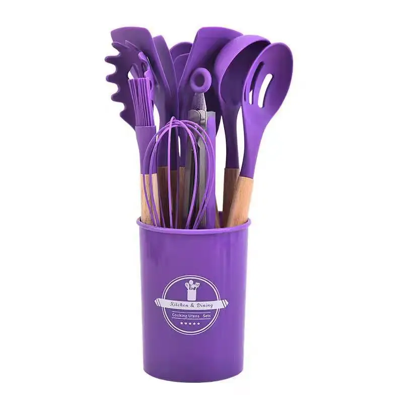 Cross-Border Silicone Kitchenware 12-Piece Kitchen Non-Stick Cooking Spatula Scraper Wooden Handle Barrel Kitchen Tool Set — feature 16