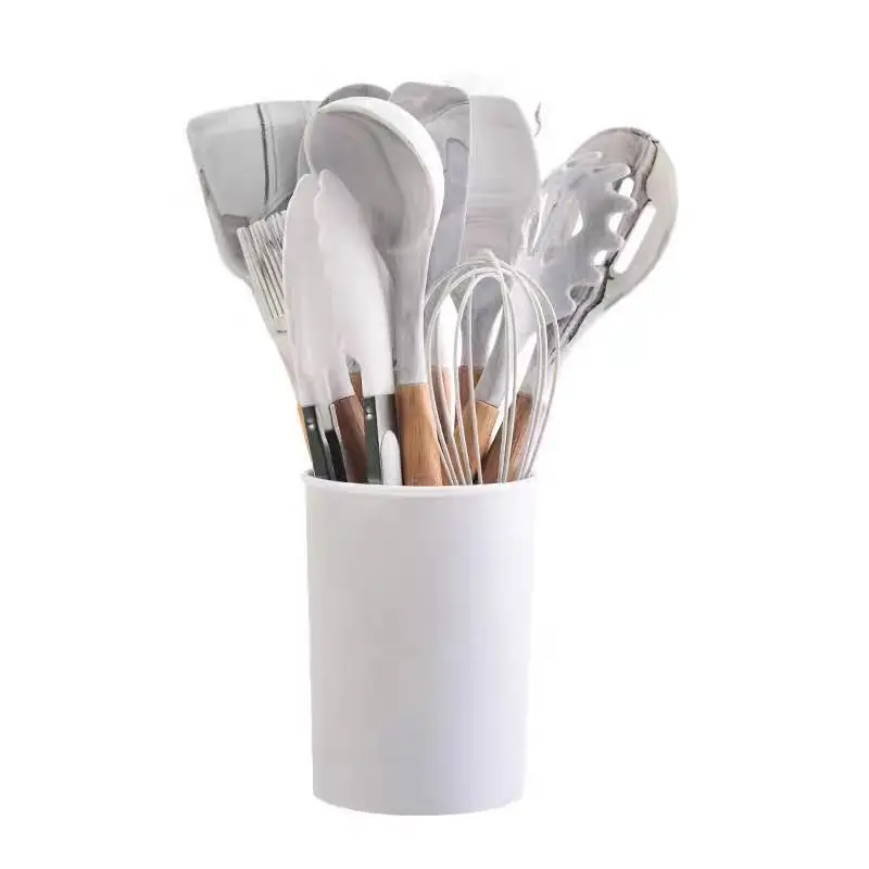 Cross-Border Silicone Kitchenware 12-Piece Kitchen Non-Stick Cooking Spatula Scraper Wooden Handle Barrel Kitchen Tool Set — feature 18