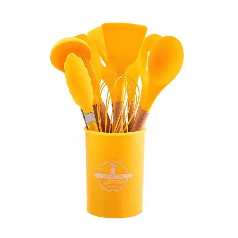 Cross-Border Silicone Kitchenware 12-Piece Kitchen Non-Stick Cooking Spatula Scraper Wooden Handle Barrel Kitchen Tool Set — feature 19
