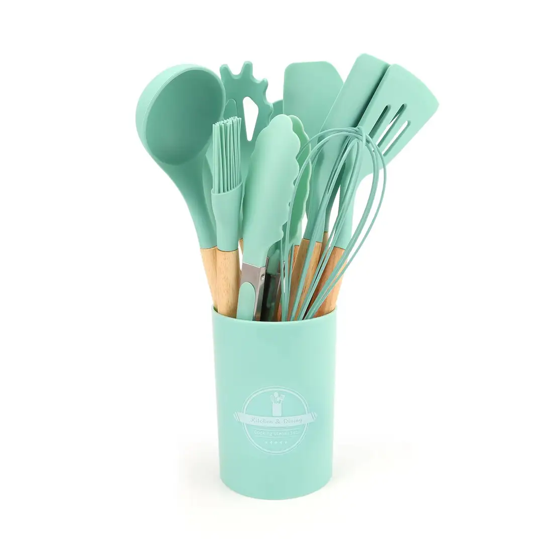 Cross-Border Silicone Kitchenware 12-Piece Kitchen Non-Stick Cooking Spatula Scraper Wooden Handle Barrel Kitchen Tool Set — feature 23