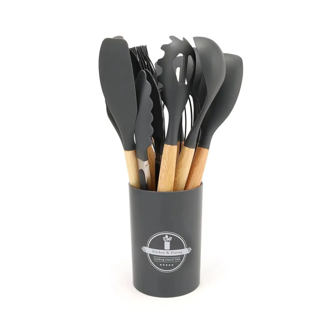 Cross-Border Silicone Kitchenware 12-Piece Kitchen Non-Stick Cooking Spatula Scraper Wooden Handle Barrel Kitchen Tool Set