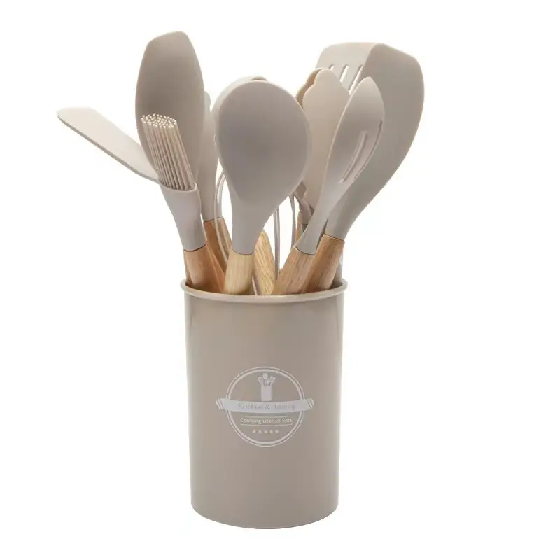 Cross-Border Silicone Kitchenware 12-Piece Kitchen Non-Stick Cooking Spatula Scraper Wooden Handle Barrel Kitchen Tool Set