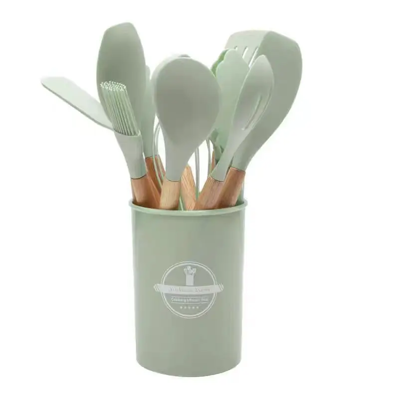 Cross-Border Silicone Kitchenware 12-Piece Kitchen Non-Stick Cooking Spatula Scraper Wooden Handle Barrel Kitchen Tool Set